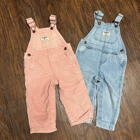 OFFERS WELCOME: OshKosh Girl Overalls in Pink Corduroy (9m) and Denim (12m): EUC - Picture 1 of 2